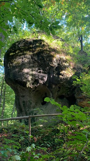 Der Regenschirm-Felsen mit einer Steinbank im markgräflichen Garten Sanspareil